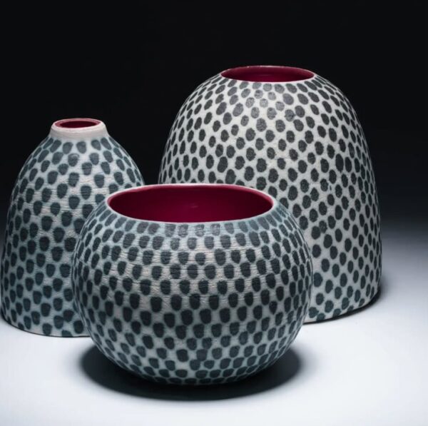 A photograph of a set of 3 handmade ceramics blue/grey/white made by Jo Williams