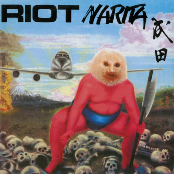Part of Worst Record Covers. A figure with a red body like a sumo wrestler and the head of a rodent of some kind is carrying a large axe and standing over lots of skulls. Behind him a low-flying is heading towards him.