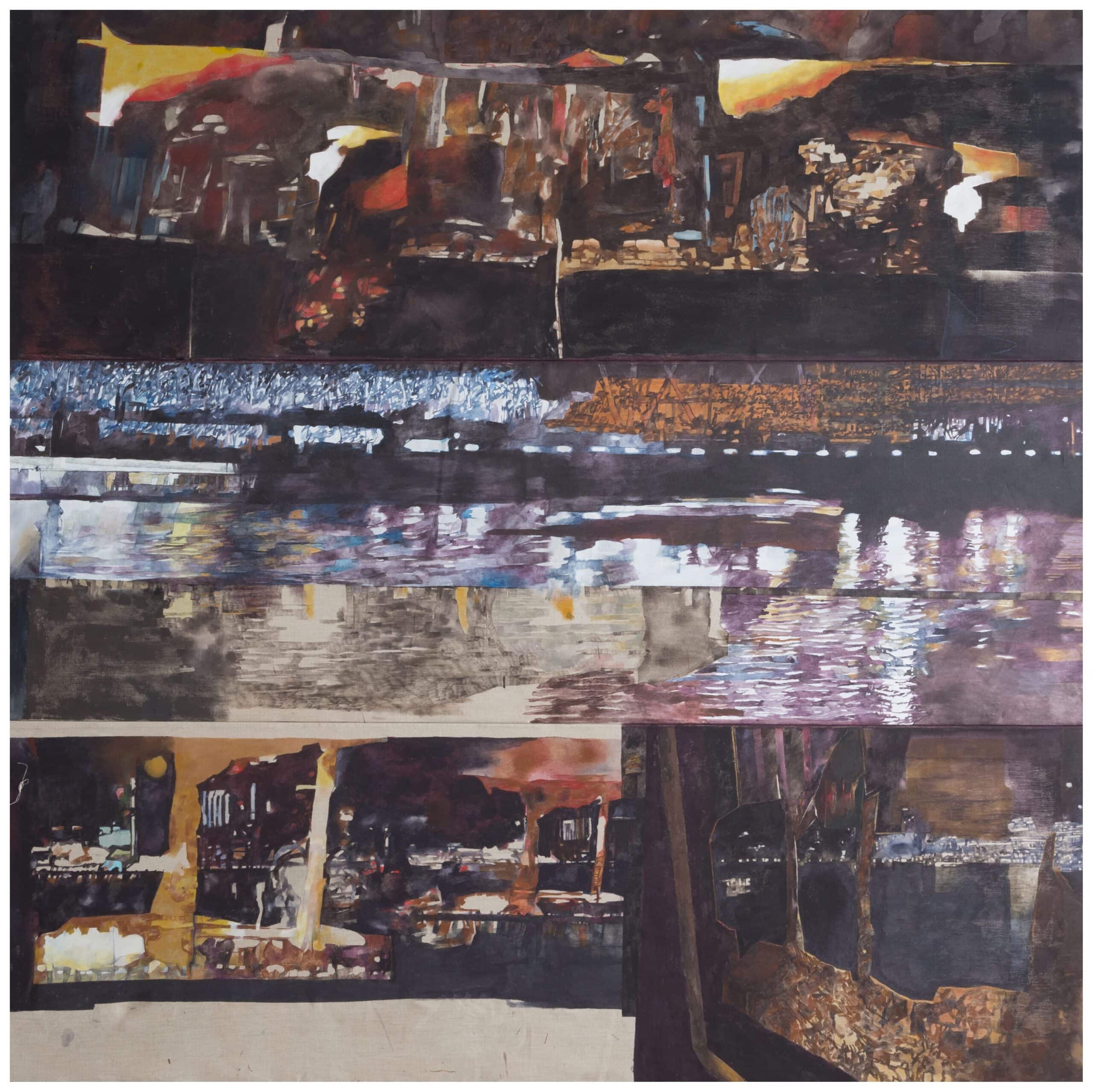 Abstract painting in brown, earthy tones of a view onto Lawrence Wharf, by the artist David Clapham