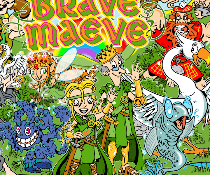 illustrated image of a young girl in green surrounded by various mythological figures from Irish folklore. Letters read Brave Maeve.