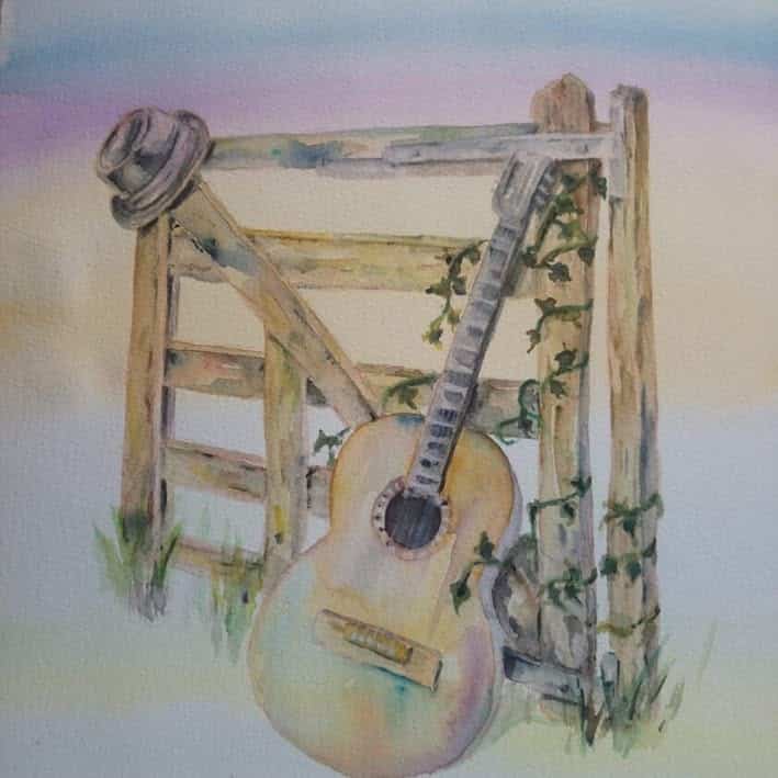 Image log for the band Creaking Gates A drawing of a gate with a hat on the hinge post and an acoustic propped up against it.