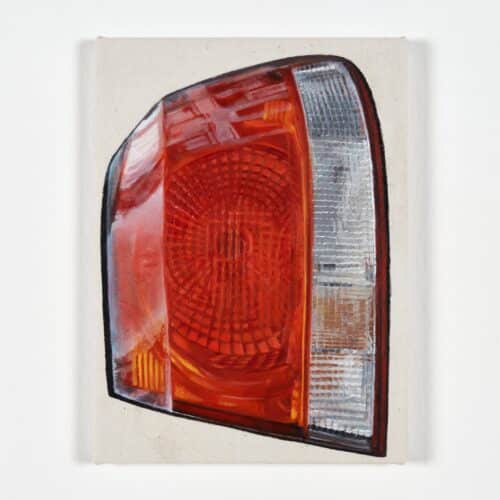 Photograph by Carlo Favore of a true-to-life painting of a red-and-white car light. By artist Helene Appel