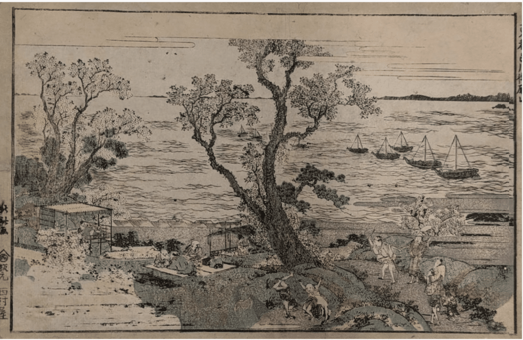 Print attributed to Hokusai but not really in his style showing a shoreline and body of water. There's a large tree in the centre, boats on the water and people on the grass by the tree. There colour palette is muted.