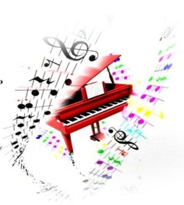 In the centre is an animation picture of a grand piano with musical notes in bright fireworks colours floating around the piano