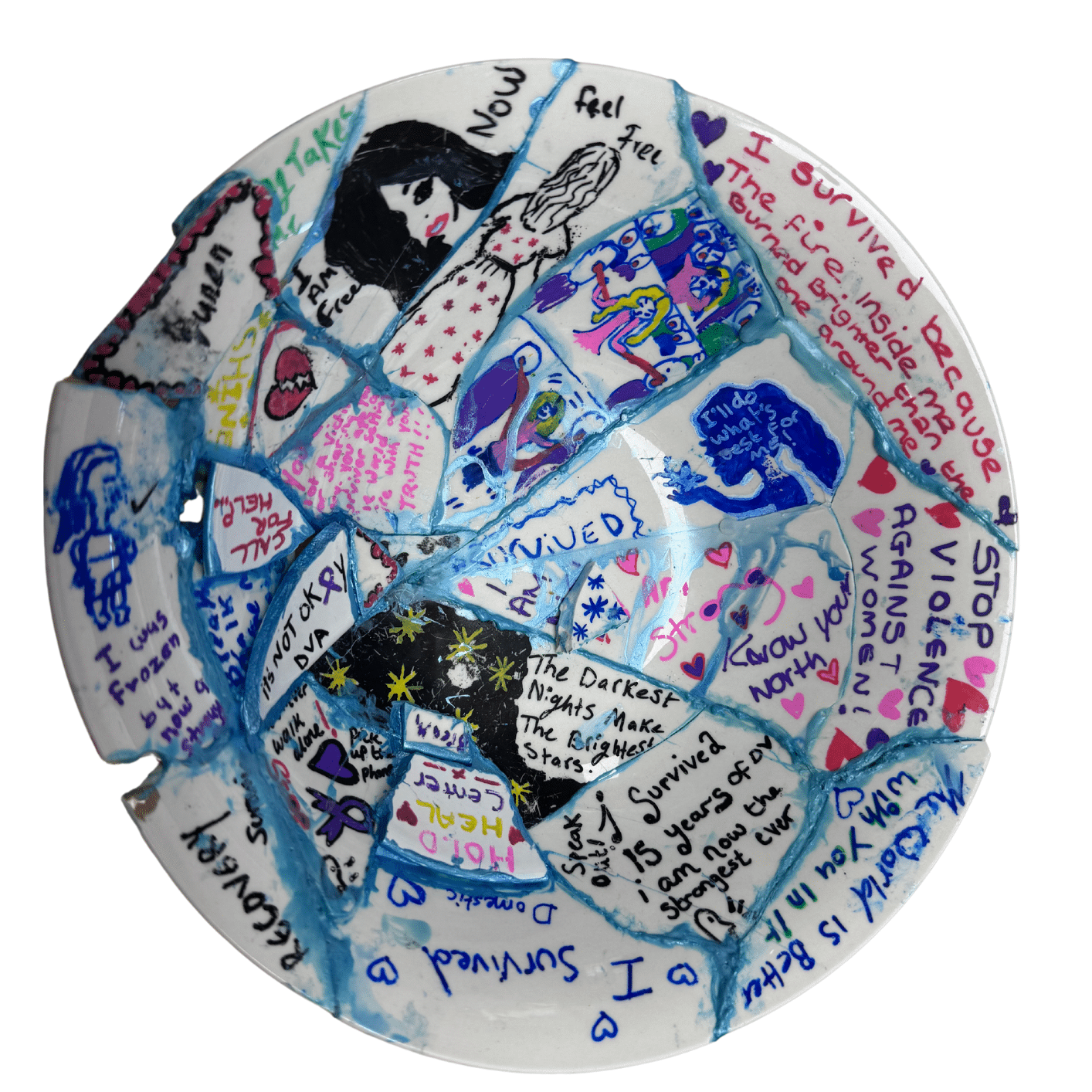 a bowl which has been broken and stuck back together, Each piece is decorated differently, with varied images and text. Lead image for Kintsugi exhibition