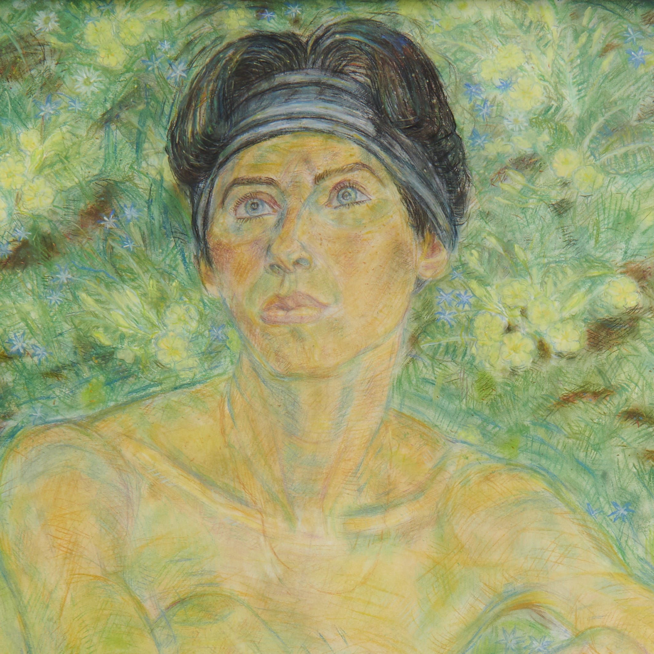 Drawing of a young man, wearing a head band, looking up into the distance with a green bush with flowers in the background.