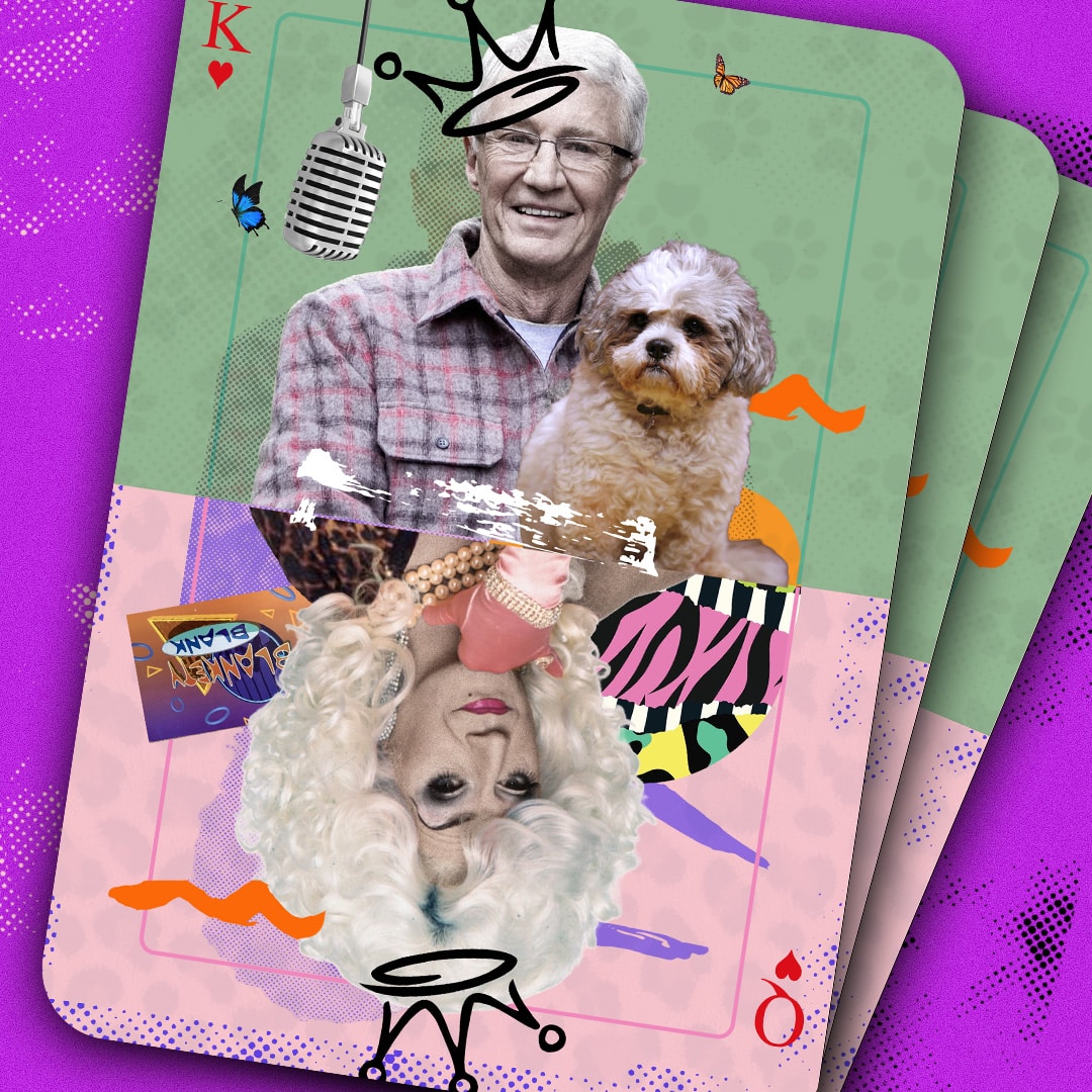 Lead graphic for You Gotta Get A Gimmick: The Paul O'Grady Story. With a playing card featuring Paul O'Grady, one half against a green background as himself holding Buster the dog, and on the bottom half as Lily Savage.