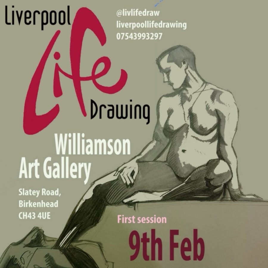 illustrated poster advertising life drawing, with a sketch of a person and the logo Liverpool Life Drawing, with all other details as on the webpage text.
