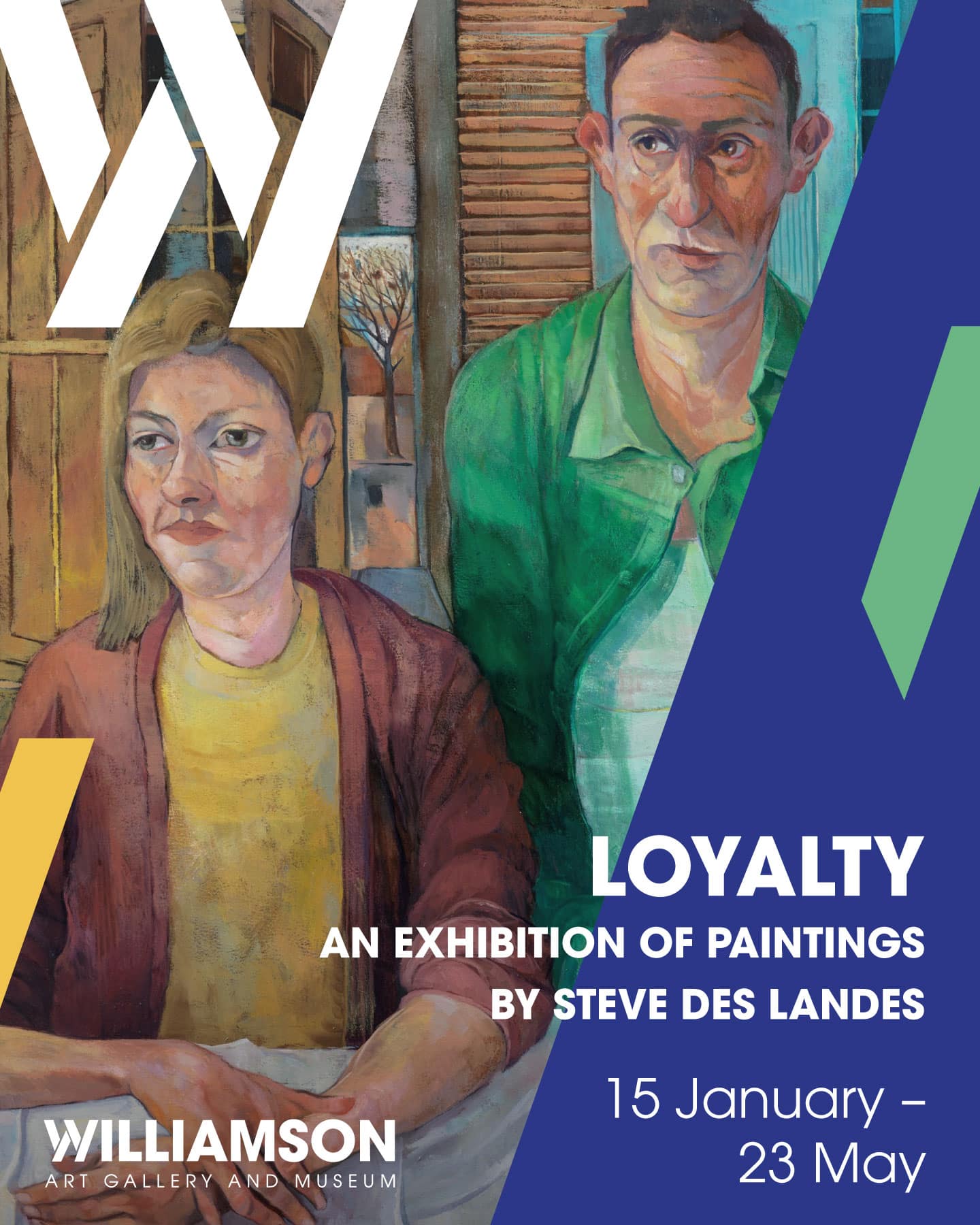 A poster advertising the Loyalty exhibition by Stee des Landes, featuring a painting of a man and a woman.