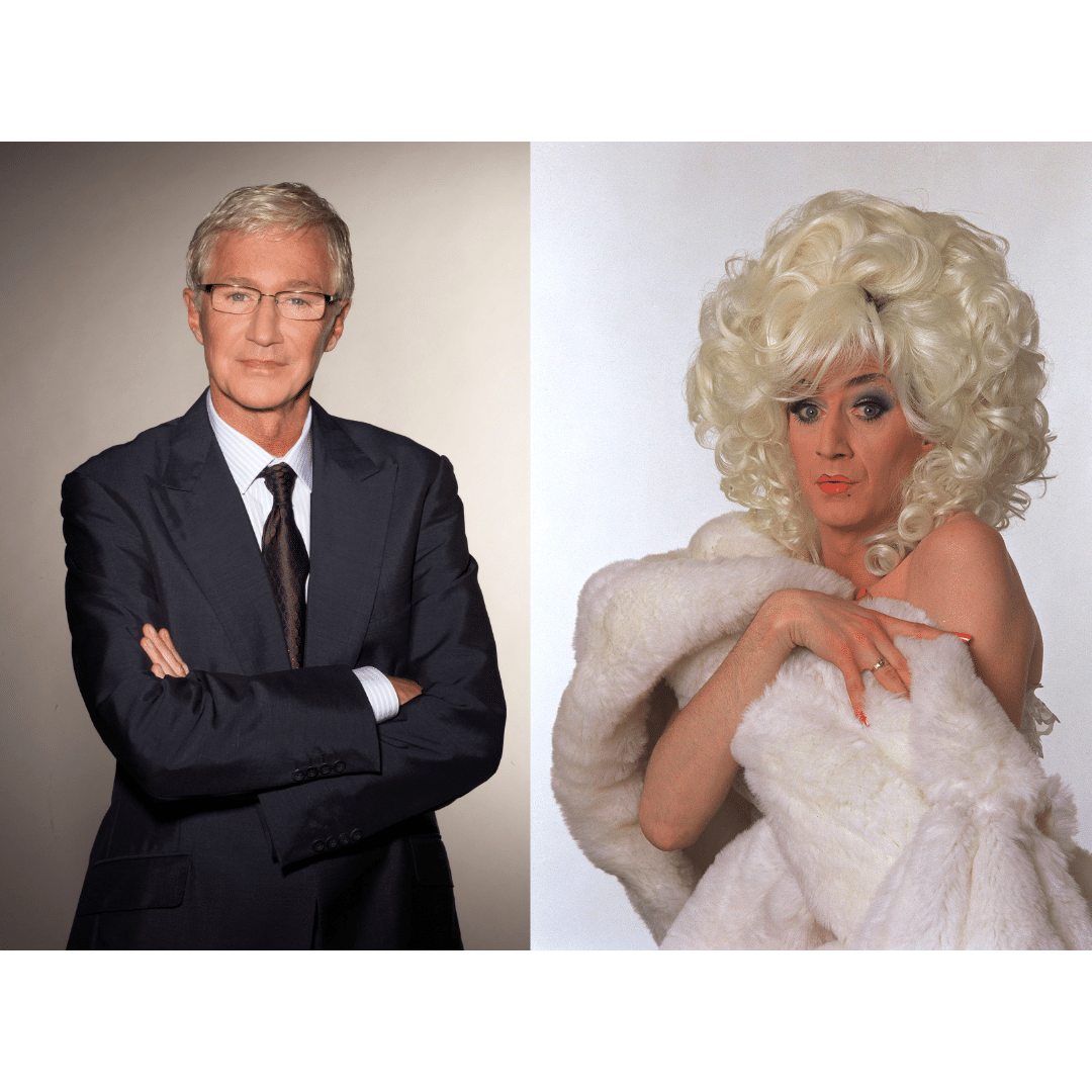 Square showing two images of Paul O'Grady. One is as "himself" in a dark suit with arms crossed, the second is in character as Lily Savage with a white fur wrapped around them