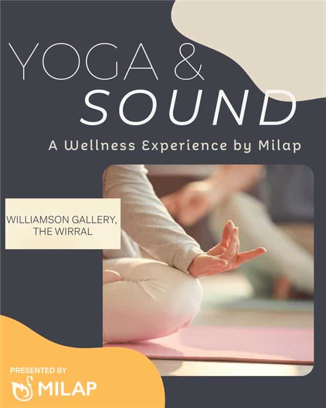 Poster reading "Yoga & Sound" which an image of a hand resting on a knee in a meditation pose