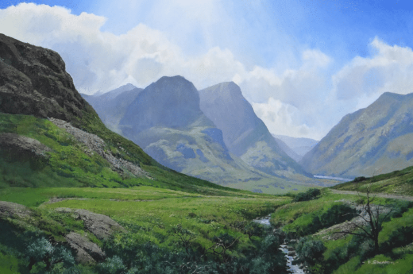 Painting of a valley with green grass, a small river and blue skies