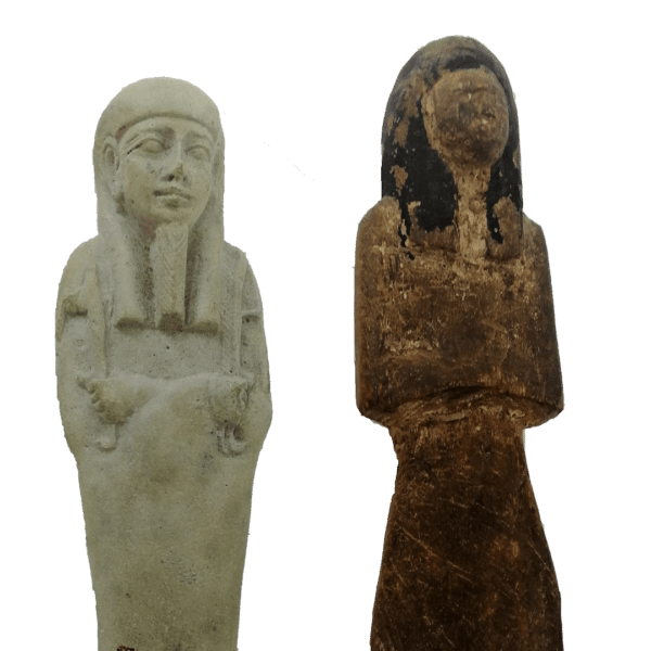 square image of two shabti dolls giving a closer image of their faces. One in white clay and one in wood