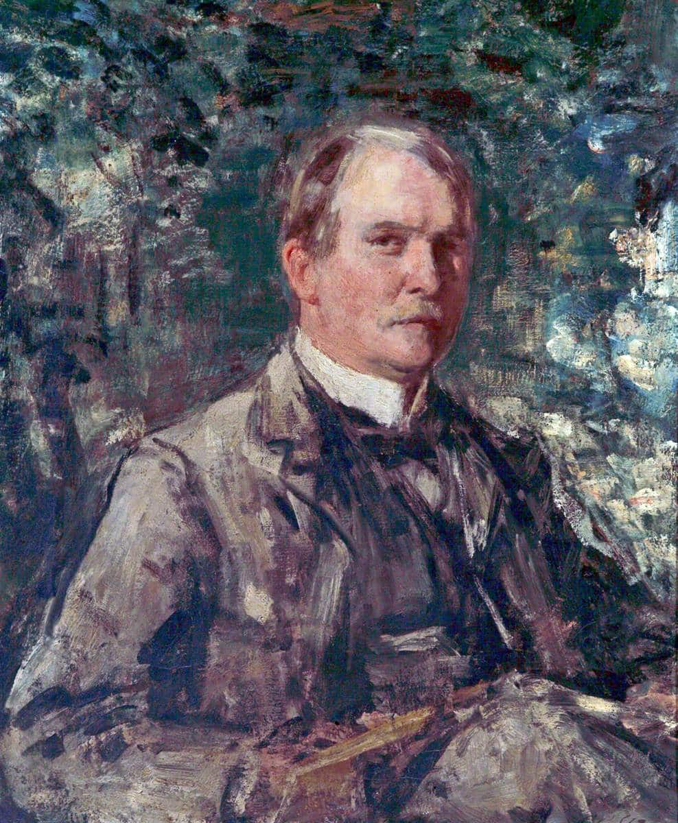 Sketch-painted self-portrait of Philip Wilson Stee as an older man, maybe 50s or 60s, with a mustache, grey hair and greyish suit jacket.