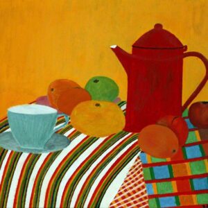 a painting of a table covered in cloths with different patterns. On the table is a bright red coffee pot and green cup on a saucer, along with various round fruit. The background is a vivid yellow-orange colour.
