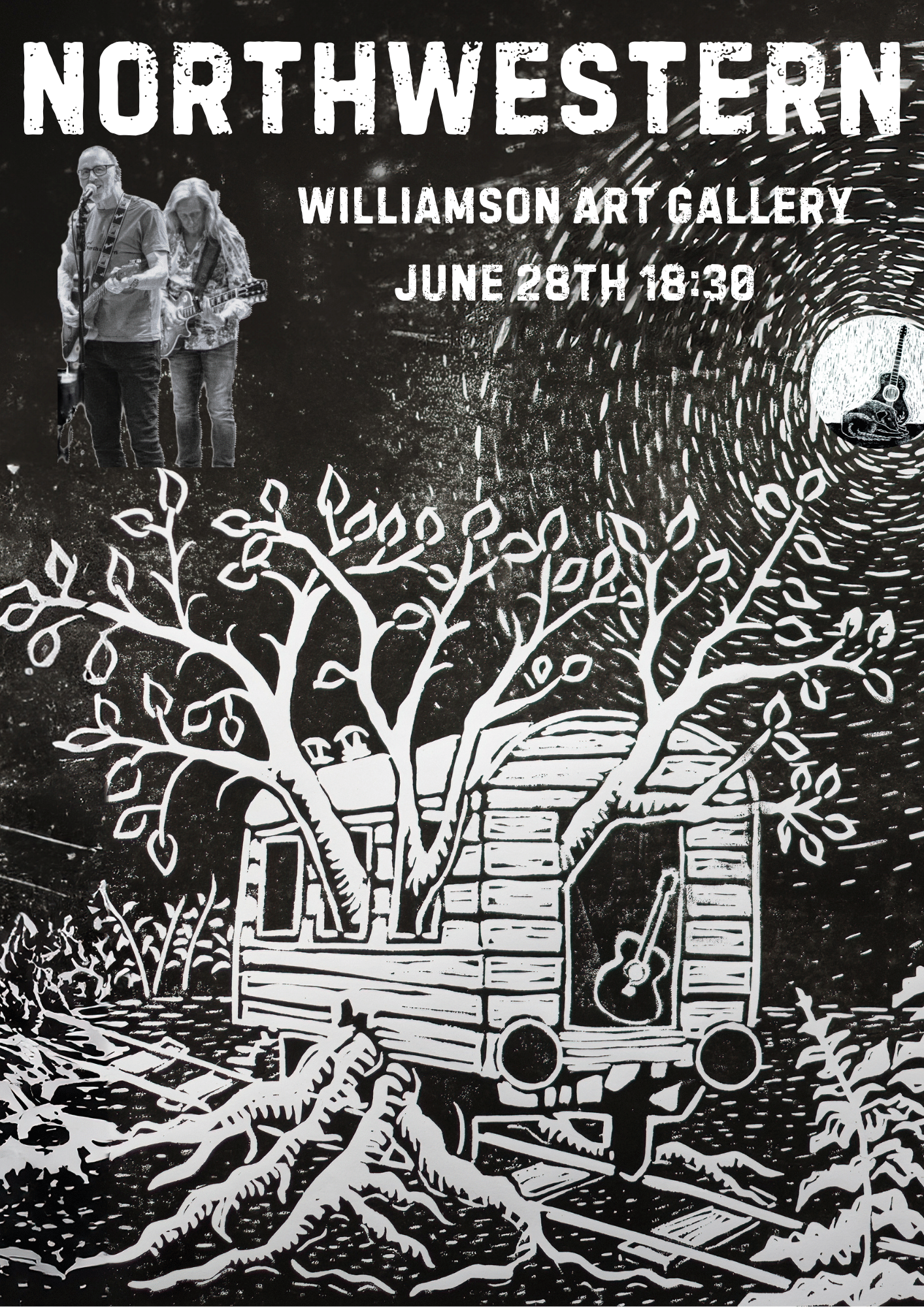 Black and white poster for band Northwestern performing at Williamson Art Gallery on June 28th. Graphic is a drawing of an old wooden railway carriage with trees growing out of it.