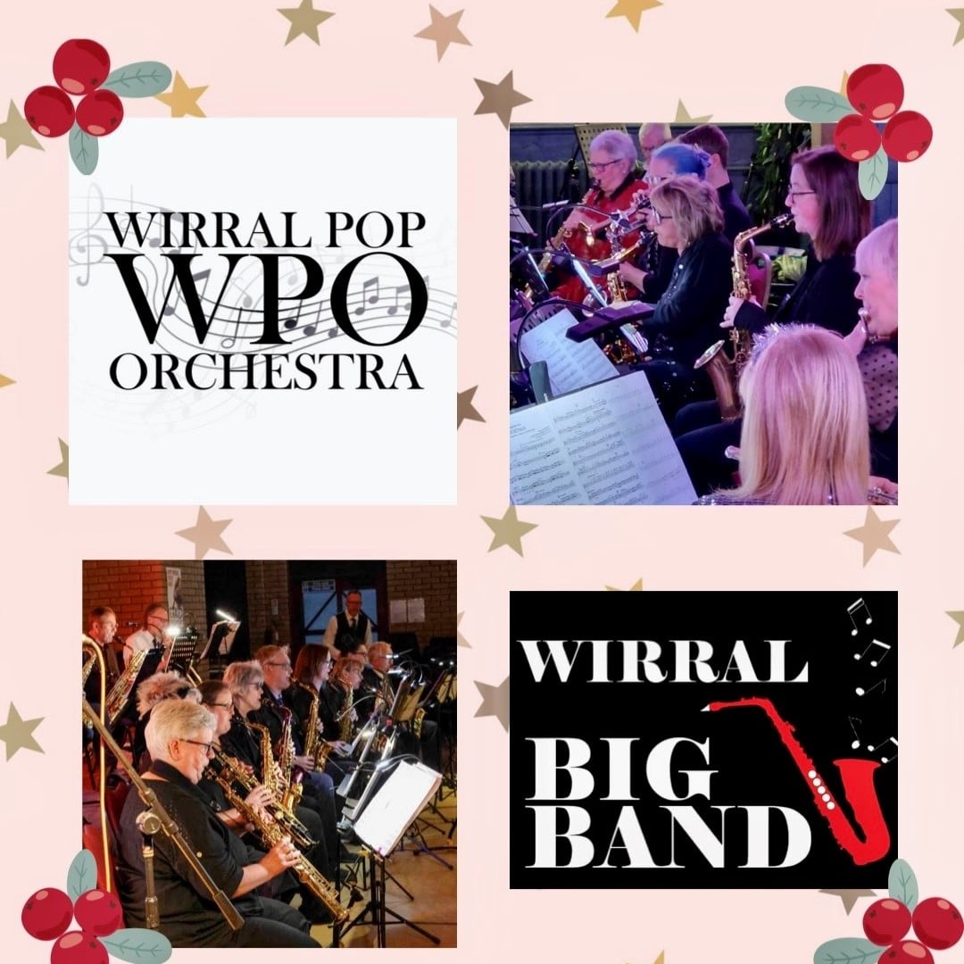 Composite image of four squares: the logos of Wirral Pop Orchestra and Wirral Big Band, plus a photo of each band